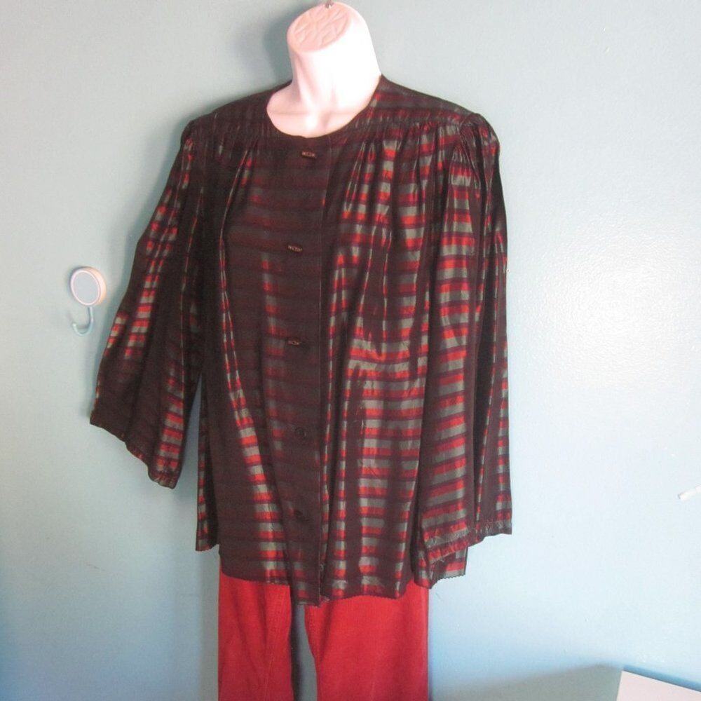 Vintage Silk Striped Shirt / Jacket - Handmade - Fits Size L Green & Burgundy